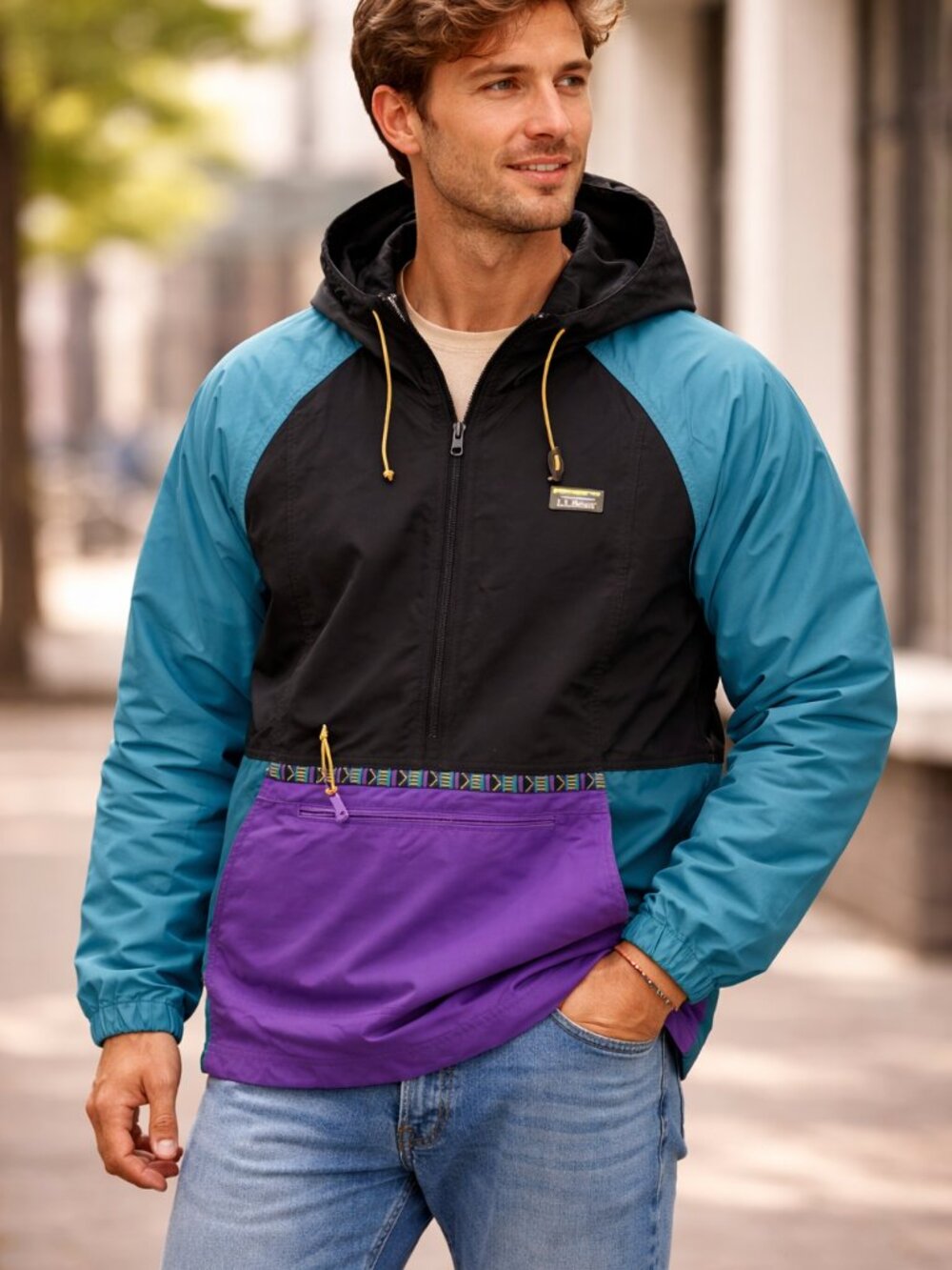 Vintage L.L. Bean Windbreaker Mens L Colorblock Aztec Anorak Lightweight Unisex